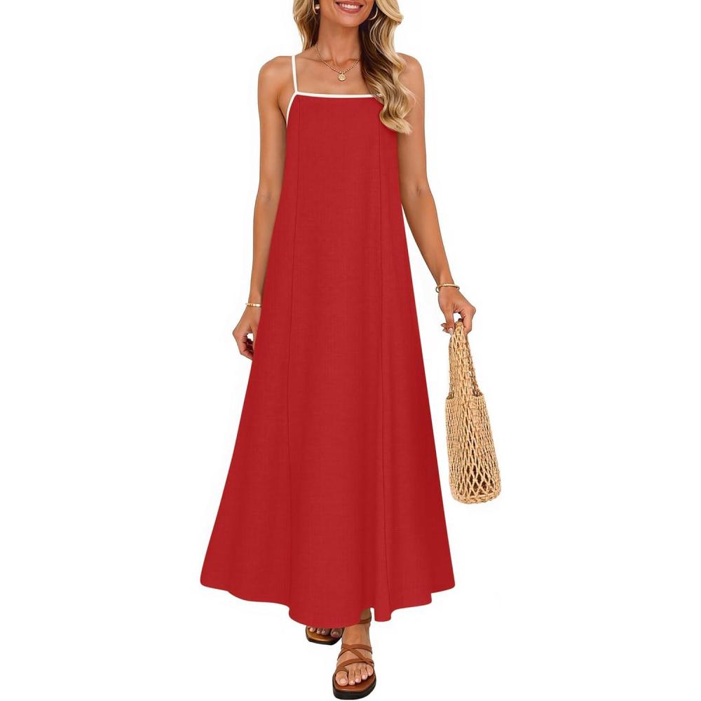 imageZESICA Womens 2026 Summer Boho Sleeveless Maxi Dress Spaghetti Straps Casual Flowy A Line Beach Party Long DressesRed