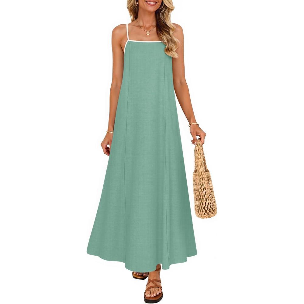 imageZESICA Womens 2026 Summer Boho Sleeveless Maxi Dress Spaghetti Straps Casual Flowy A Line Beach Party Long DressesSage