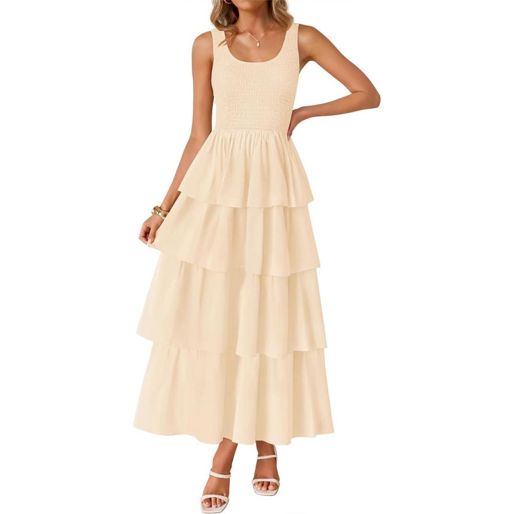 imageZESICA Womens 2026 Summer Boho Sleeveless Midi Dress Scoop Neck Ruffle Tiered Layered Swing Long Beach Vacation DressesApricot