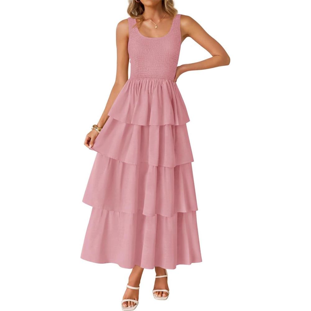 imageZESICA Womens 2026 Summer Boho Sleeveless Midi Dress Scoop Neck Ruffle Tiered Layered Swing Long Beach Vacation DressesPink