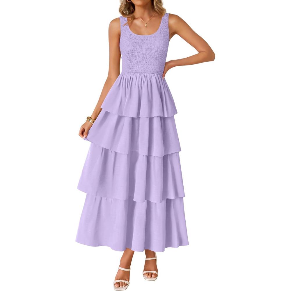 imageZESICA Womens 2026 Summer Boho Sleeveless Midi Dress Scoop Neck Ruffle Tiered Layered Swing Long Beach Vacation DressesPurple