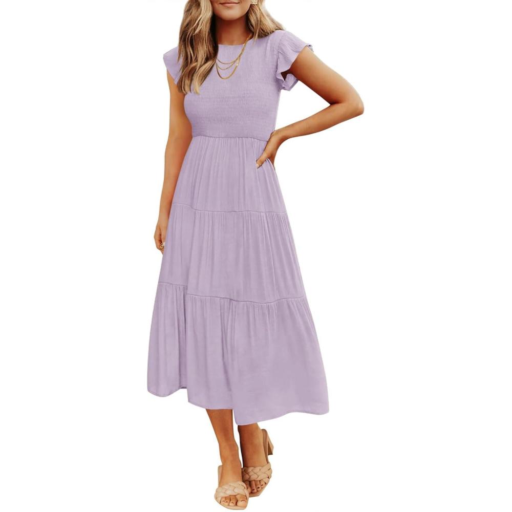 imageZESICA Womens 2026 Summer Casual Flutter Short Sleeve Crew Neck Smocked Elastic Waist Tiered Midi DressLight Purple