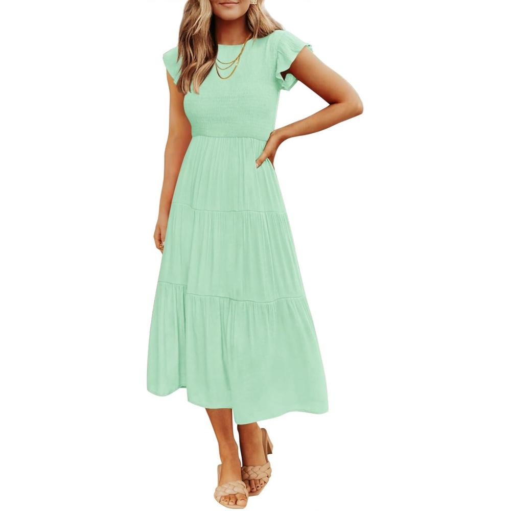 imageZESICA Womens 2026 Summer Casual Flutter Short Sleeve Crew Neck Smocked Elastic Waist Tiered Midi DressMint