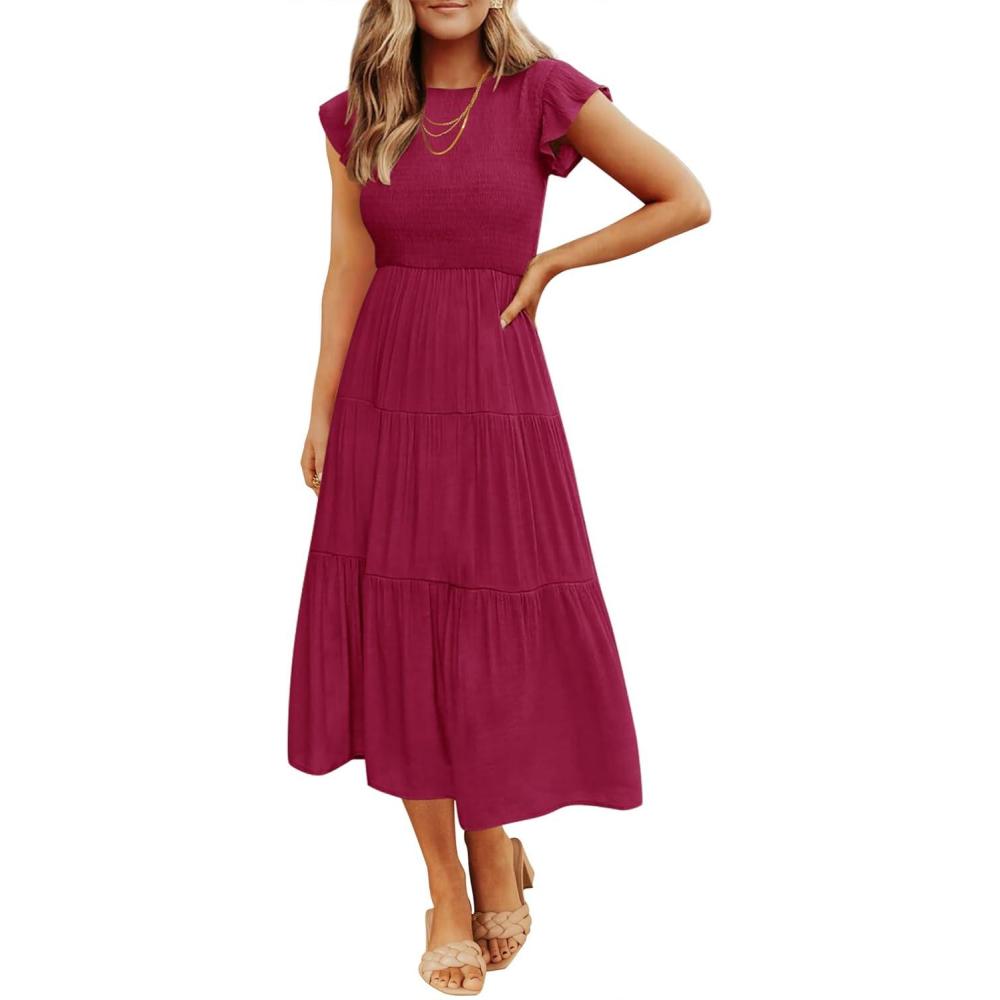 imageZESICA Womens 2026 Summer Casual Flutter Short Sleeve Crew Neck Smocked Elastic Waist Tiered Midi DressPlum