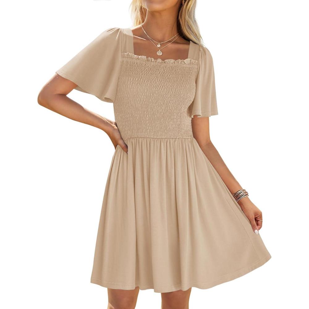 imageZESICA Womens 2026 Summer Casual Mini Dress Flutter Short Sleeve Square Neck Smocked Tiered Ruffle Flowy DressesApricot