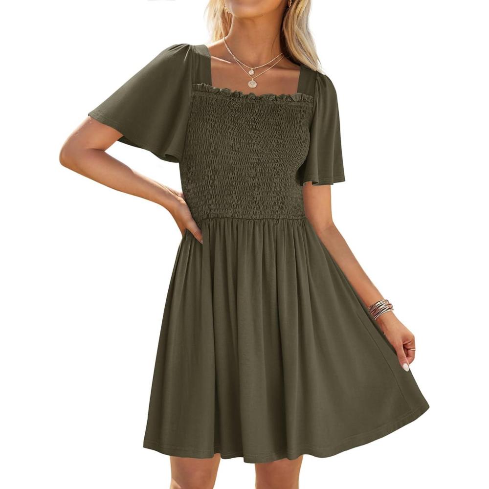 imageZESICA Womens 2026 Summer Casual Mini Dress Flutter Short Sleeve Square Neck Smocked Tiered Ruffle Flowy DressesArmygreen
