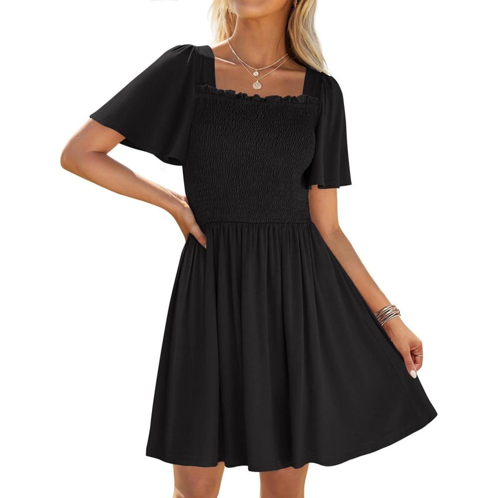 imageZESICA Womens 2026 Summer Casual Mini Dress Flutter Short Sleeve Square Neck Smocked Tiered Ruffle Flowy DressesBlack