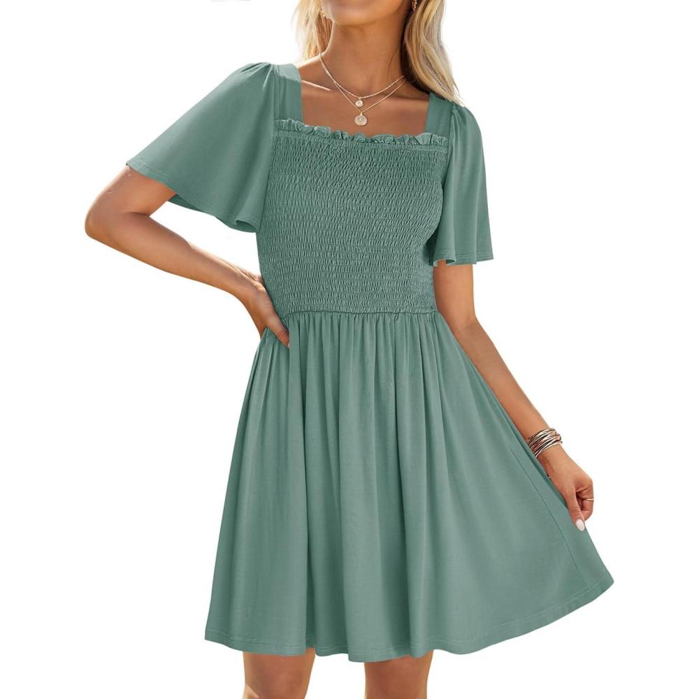 imageZESICA Womens 2026 Summer Casual Mini Dress Flutter Short Sleeve Square Neck Smocked Tiered Ruffle Flowy DressesGreen