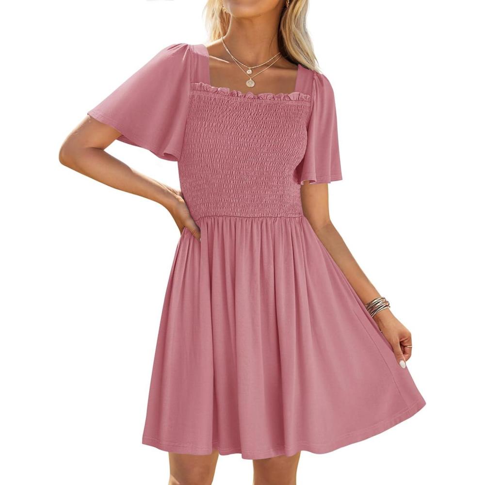 imageZESICA Womens 2026 Summer Casual Mini Dress Flutter Short Sleeve Square Neck Smocked Tiered Ruffle Flowy DressesPink
