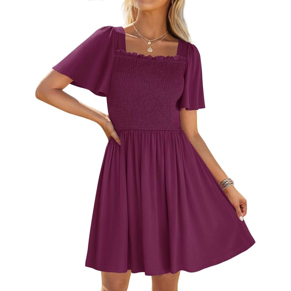 imageZESICA Womens 2026 Summer Casual Mini Dress Flutter Short Sleeve Square Neck Smocked Tiered Ruffle Flowy DressesPlum