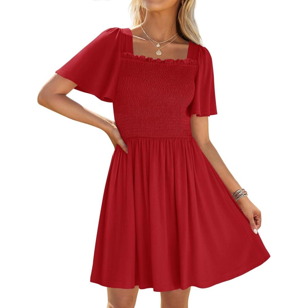 imageZESICA Womens 2026 Summer Casual Mini Dress Flutter Short Sleeve Square Neck Smocked Tiered Ruffle Flowy DressesRed