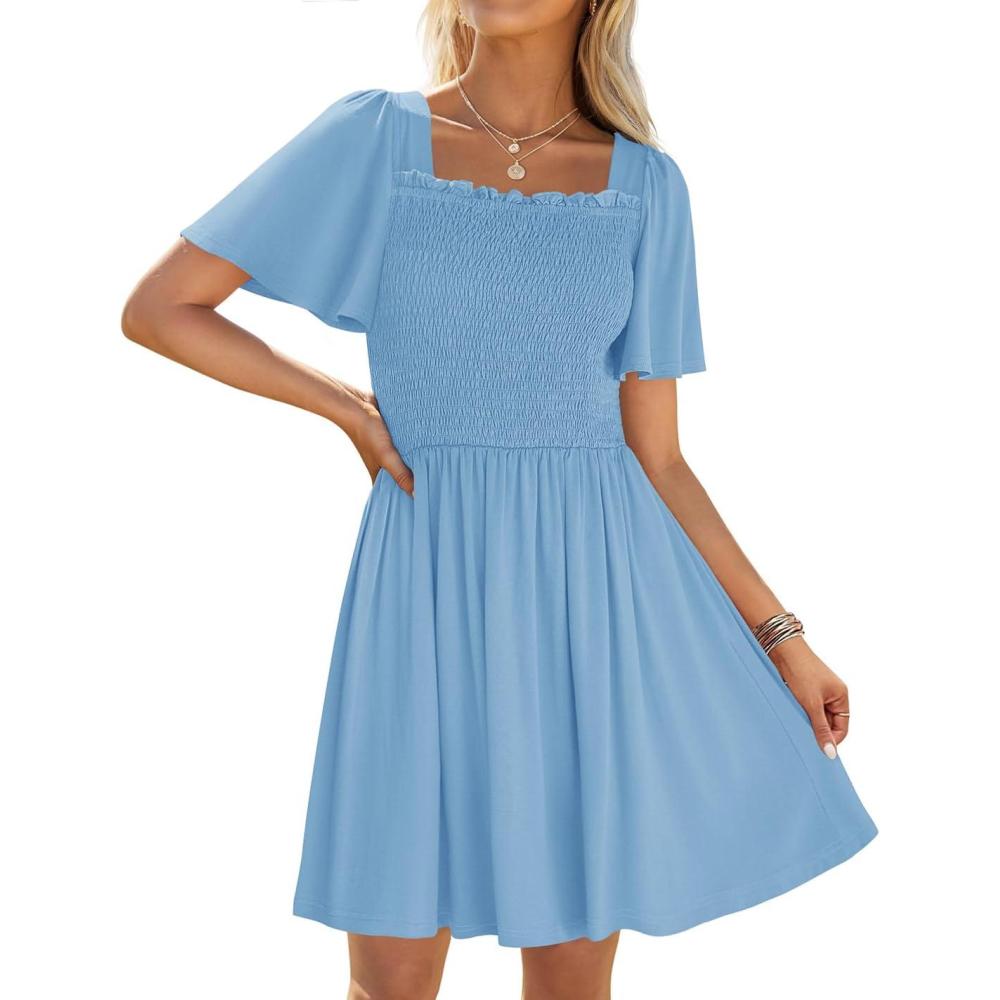 imageZESICA Womens 2026 Summer Casual Mini Dress Flutter Short Sleeve Square Neck Smocked Tiered Ruffle Flowy DressesSky
