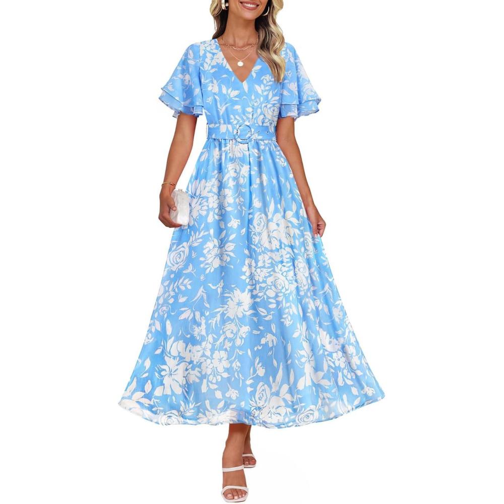 imageZESICA Womens 2026 Summer Floral V Neck Midi Dress Boho Short Sleeve High Waist Flowy Beach Vacation Dresses with BeltBlue