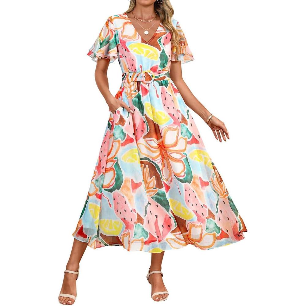 imageZESICA Womens 2026 Summer Floral V Neck Midi Dress Boho Short Sleeve High Waist Flowy Beach Vacation Dresses with BeltBlue Pink