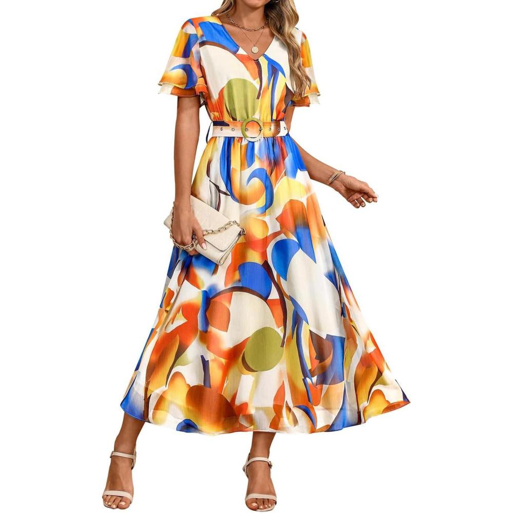 imageZESICA Womens 2026 Summer Floral V Neck Midi Dress Boho Short Sleeve High Waist Flowy Beach Vacation Dresses with BeltFloral Orange