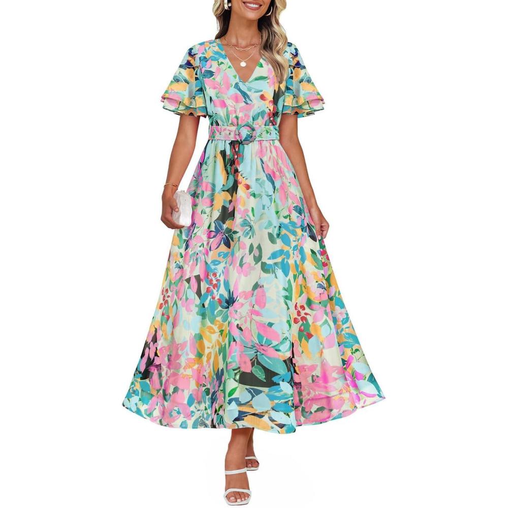 imageZESICA Womens 2026 Summer Floral V Neck Midi Dress Boho Short Sleeve High Waist Flowy Beach Vacation Dresses with BeltGreen