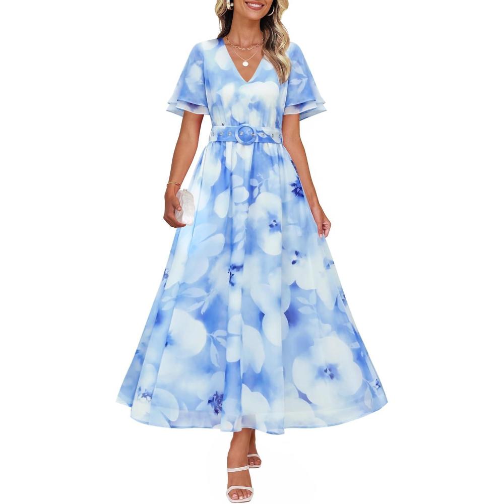 imageZESICA Womens 2026 Summer Floral V Neck Midi Dress Boho Short Sleeve High Waist Flowy Beach Vacation Dresses with BeltLightblue