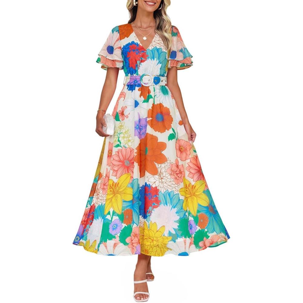 imageZESICA Womens 2026 Summer Floral V Neck Midi Dress Boho Short Sleeve High Waist Flowy Beach Vacation Dresses with BeltOrangeyellow