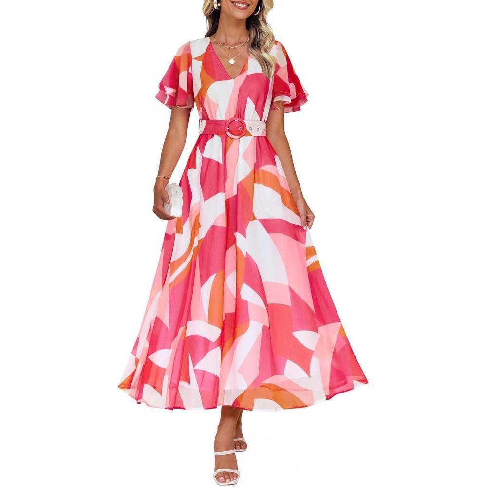 imageZESICA Womens 2026 Summer Floral V Neck Midi Dress Boho Short Sleeve High Waist Flowy Beach Vacation Dresses with BeltRose