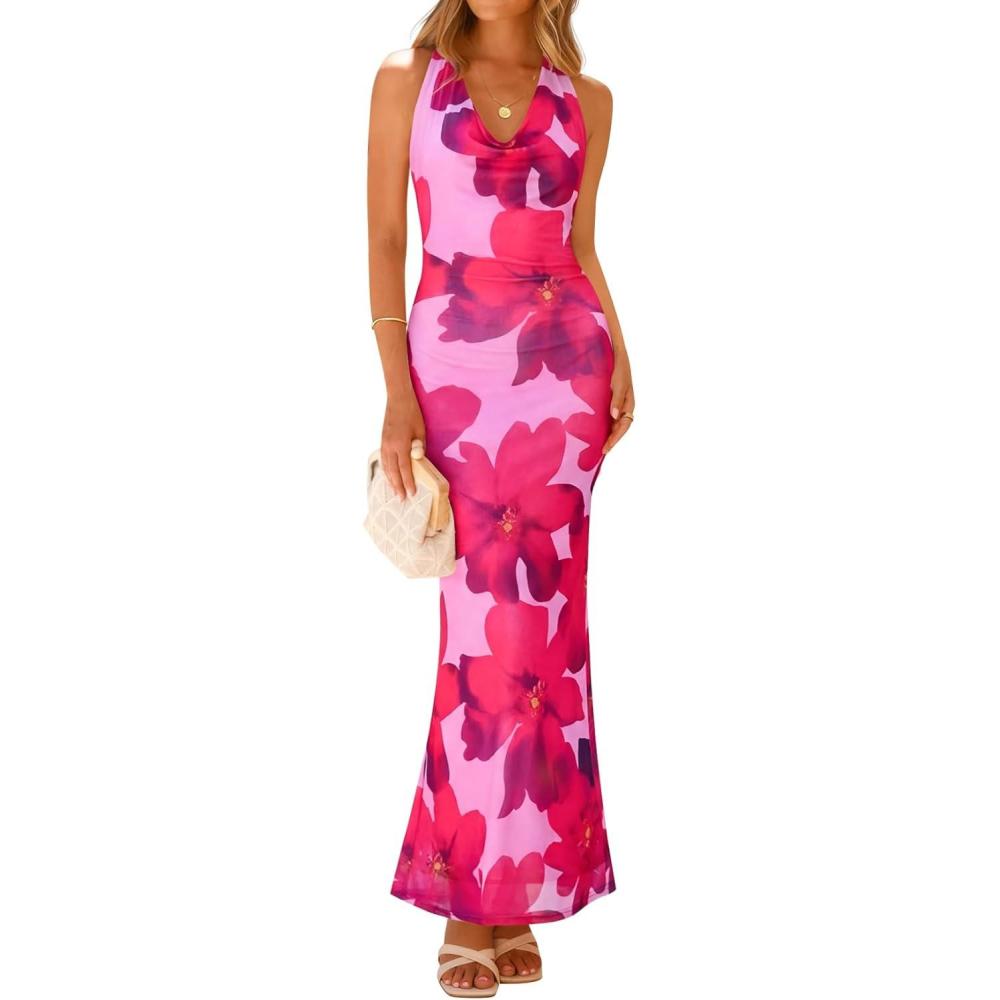 imageZESICA Womens 2026 Summer Halter Neck Floral Print Maxi Dress Sleeveless Backless Wedding Guest Party Bodycon Long DressesDark Magenta