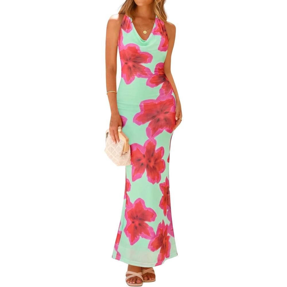 imageZESICA Womens 2026 Summer Halter Neck Floral Print Maxi Dress Sleeveless Backless Wedding Guest Party Bodycon Long DressesLight Green