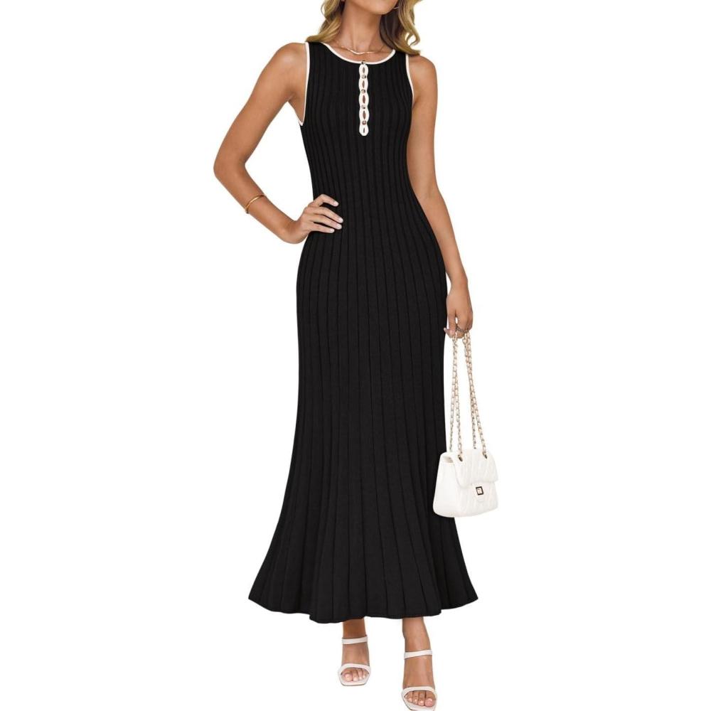 imageZESICA Womens 2026 Summer Long Maxi Dress Sleeveless Crew Neck Hollow Out Pleated Ribbed Knit Swing Tank DressesBlack