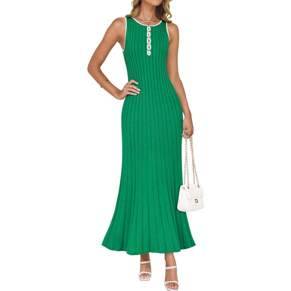 imageZESICA Womens 2026 Summer Long Maxi Dress Sleeveless Crew Neck Hollow Out Pleated Ribbed Knit Swing Tank DressesGreen