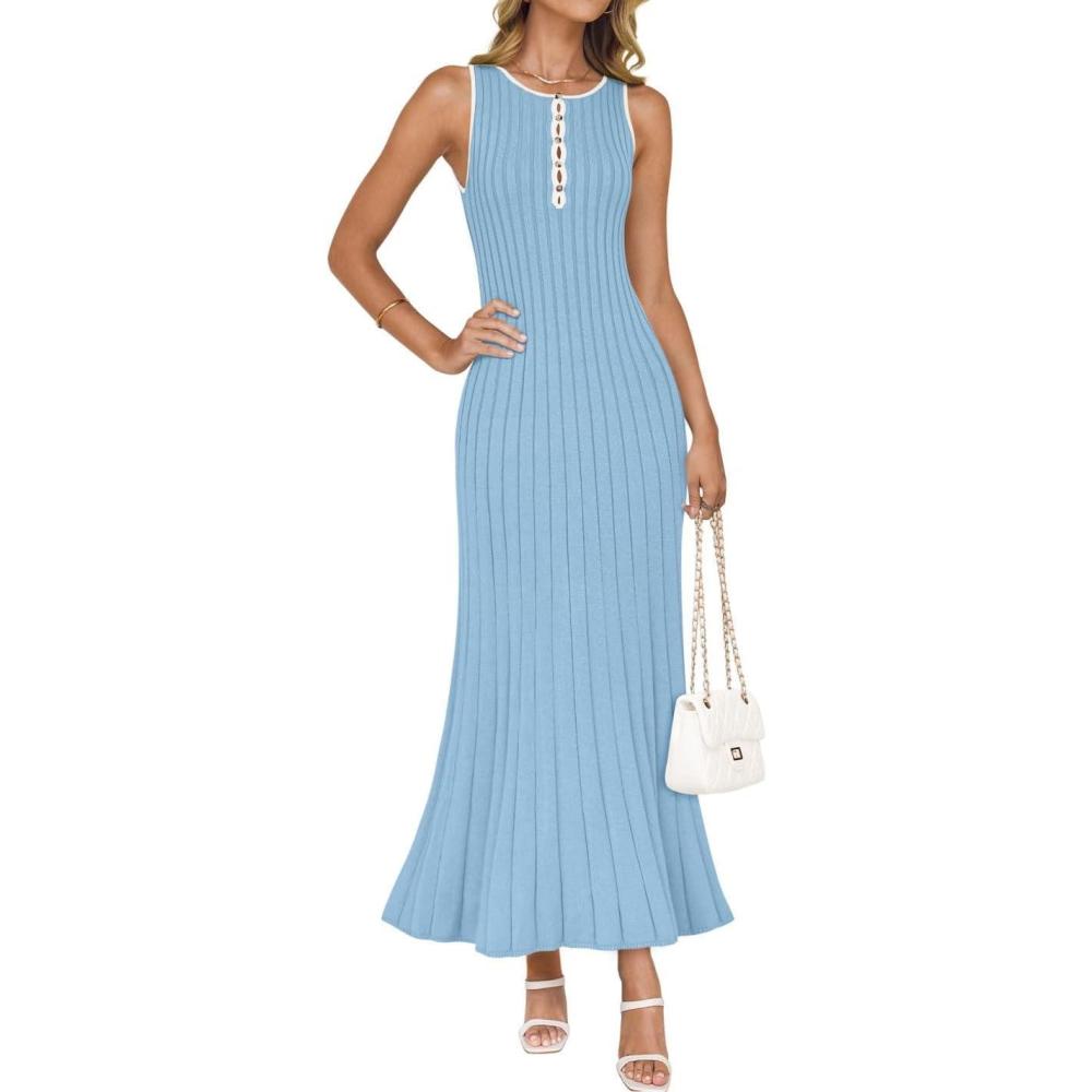 imageZESICA Womens 2026 Summer Long Maxi Dress Sleeveless Crew Neck Hollow Out Pleated Ribbed Knit Swing Tank DressesSky