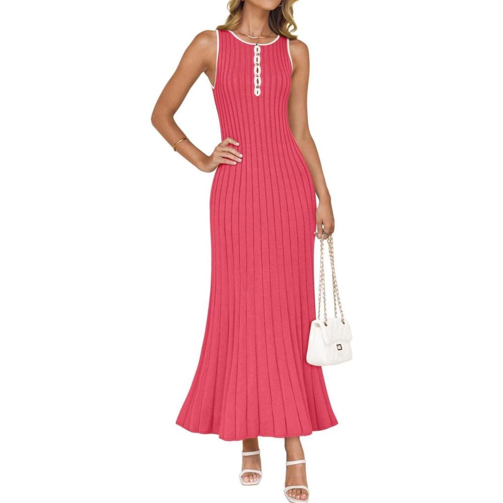 imageZESICA Womens 2026 Summer Long Maxi Dress Sleeveless Crew Neck Hollow Out Pleated Ribbed Knit Swing Tank DressesWatermelonred