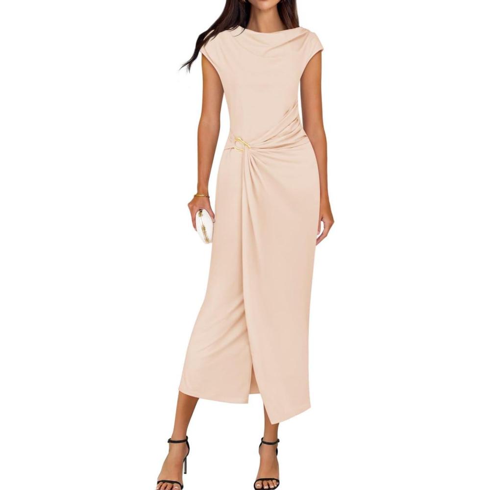 imageZESICA Womens 2026 Summer Mock Neck Casual Bodycon Dress Cap Sleeve Elegant Cocktail Party Long Midi DressesApricot
