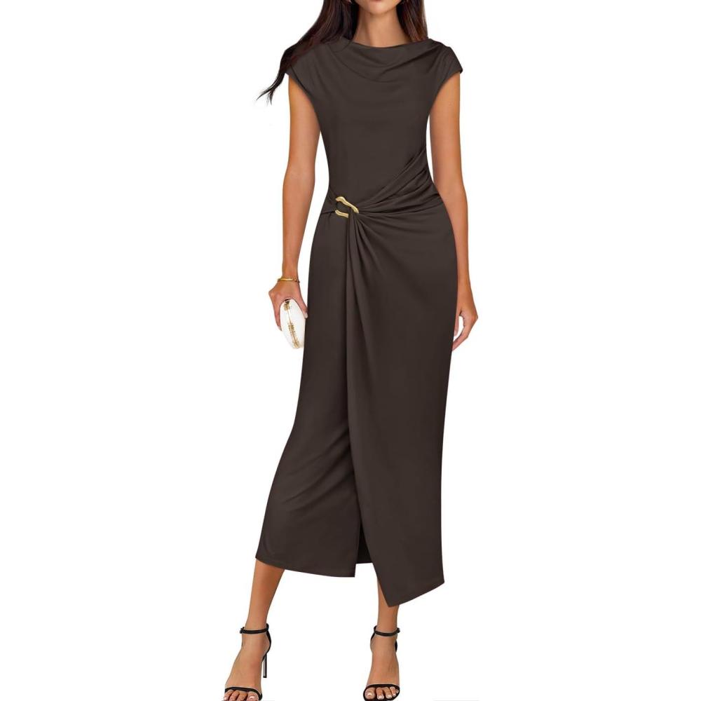 imageZESICA Womens 2026 Summer Mock Neck Casual Bodycon Dress Cap Sleeve Elegant Cocktail Party Long Midi DressesCoffee