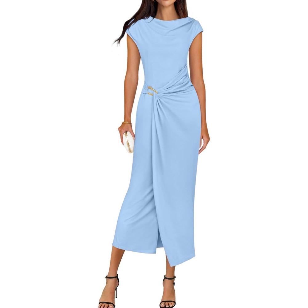 imageZESICA Womens 2026 Summer Mock Neck Casual Bodycon Dress Cap Sleeve Elegant Cocktail Party Long Midi DressesSky