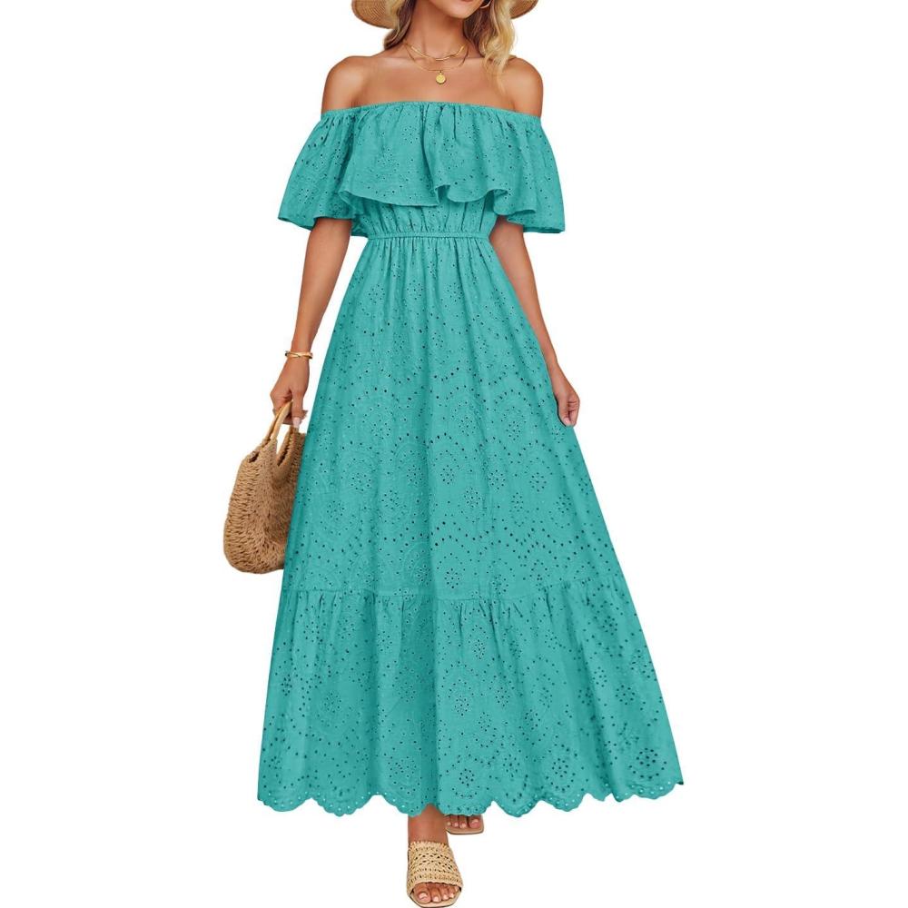 imageZESICA Womens 2026 Summer Off Shoulder Ruffle Midi Dress Short Sleeve High Waist Hollow Out Embroidery Party DressesAqua