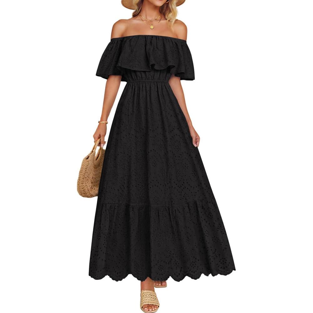 imageZESICA Womens 2026 Summer Off Shoulder Ruffle Midi Dress Short Sleeve High Waist Hollow Out Embroidery Party DressesBlack