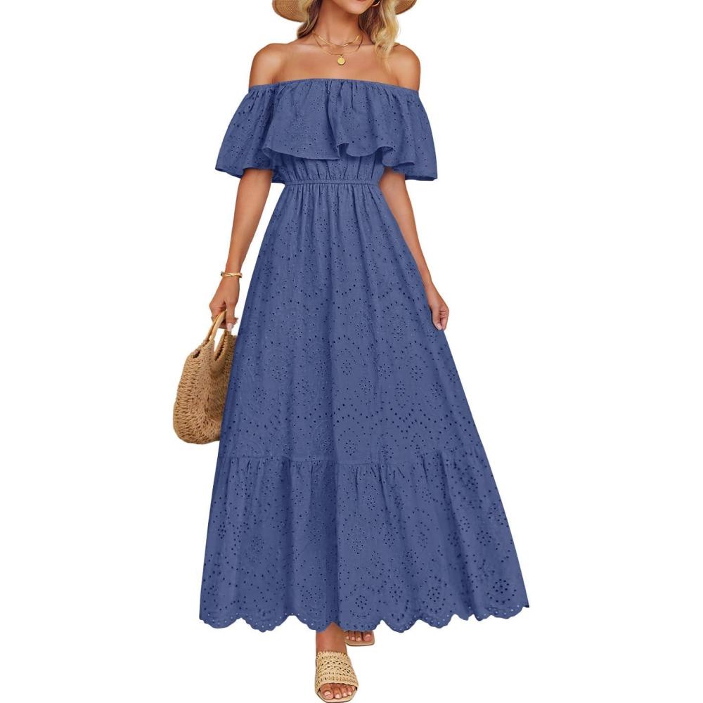 imageZESICA Womens 2026 Summer Off Shoulder Ruffle Midi Dress Short Sleeve High Waist Hollow Out Embroidery Party DressesDusty Blue