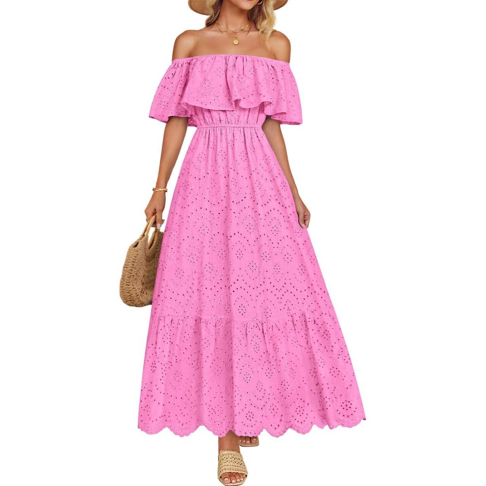 imageZESICA Womens 2026 Summer Off Shoulder Ruffle Midi Dress Short Sleeve High Waist Hollow Out Embroidery Party DressesPink