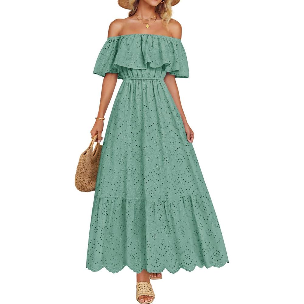 imageZESICA Womens 2026 Summer Off Shoulder Ruffle Midi Dress Short Sleeve High Waist Hollow Out Embroidery Party DressesSage