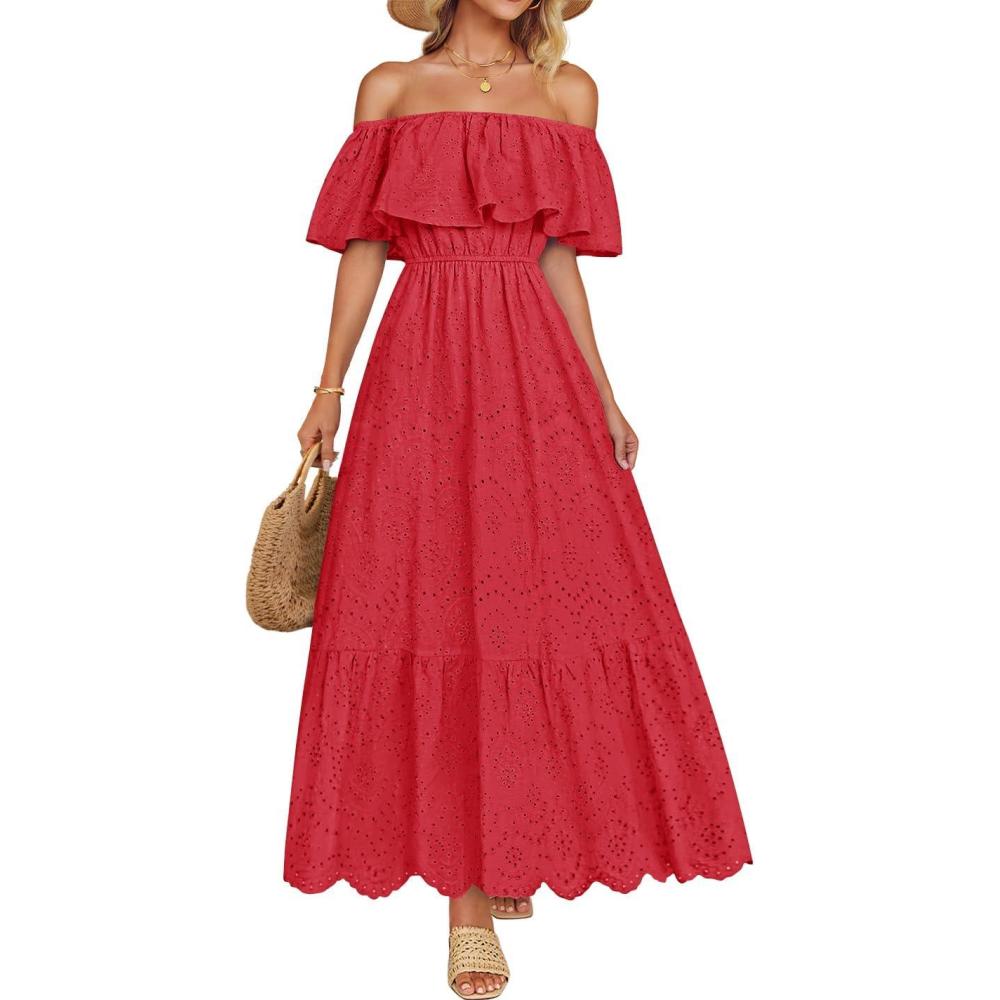 imageZESICA Womens 2026 Summer Off Shoulder Ruffle Midi Dress Short Sleeve High Waist Hollow Out Embroidery Party DressesWatermelon