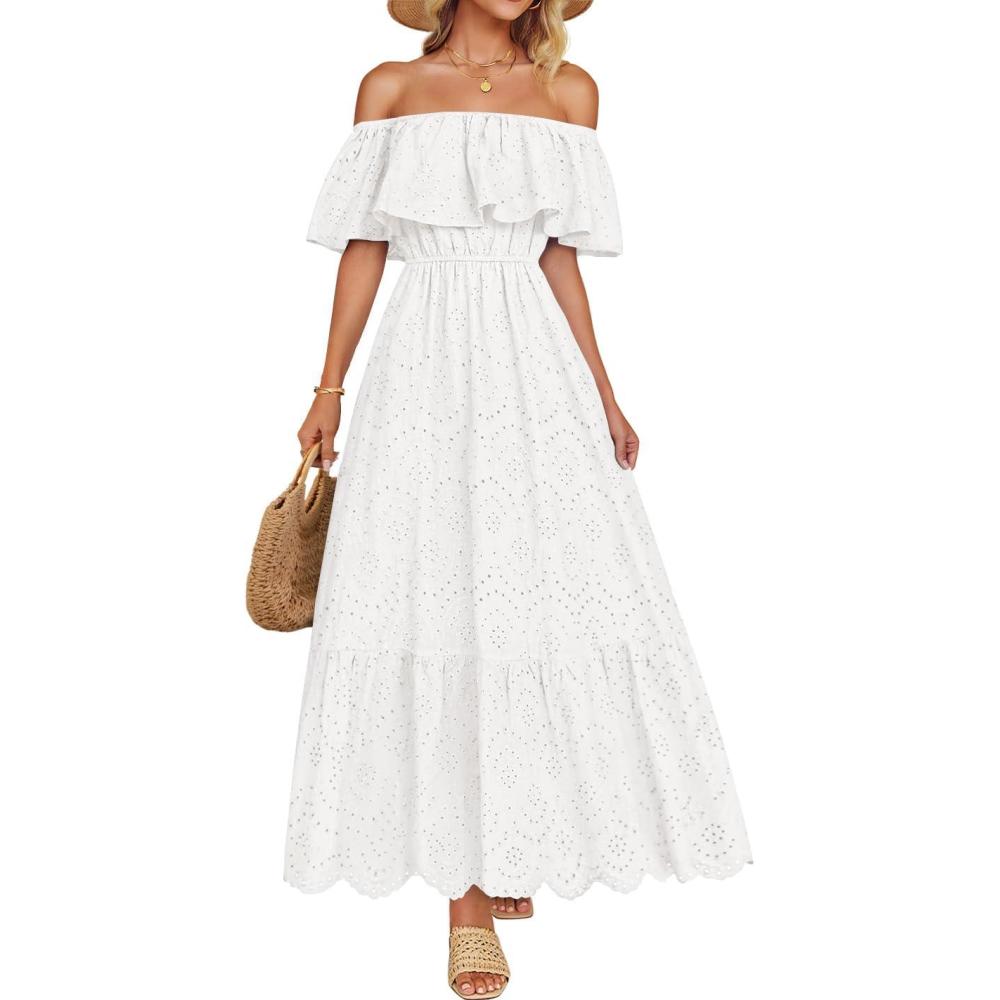 imageZESICA Womens 2026 Summer Off Shoulder Ruffle Midi Dress Short Sleeve High Waist Hollow Out Embroidery Party DressesWhite