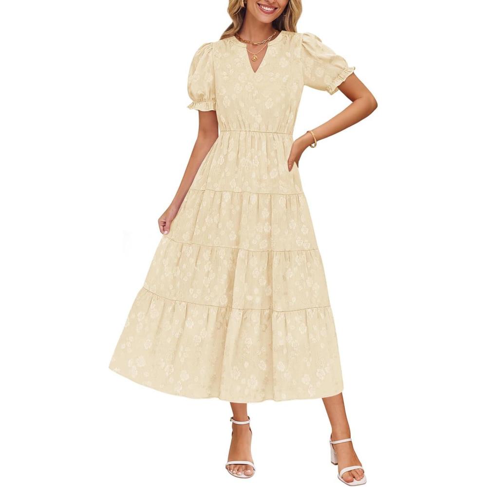 imageZESICA Womens 2026 Summer Puff Short Sleeve Midi Dress Floral V Neck Textured Ruffle Flowy Beach Party DressesApricot