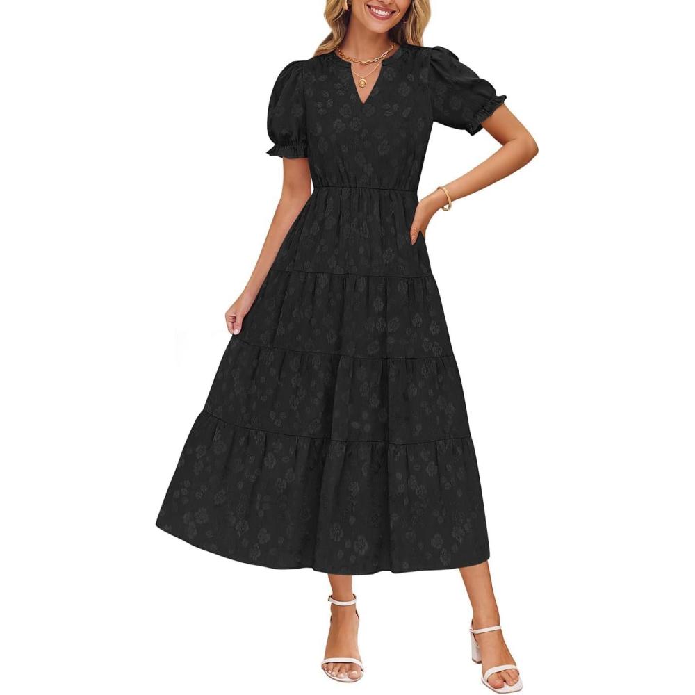 imageZESICA Womens 2026 Summer Puff Short Sleeve Midi Dress Floral V Neck Textured Ruffle Flowy Beach Party DressesBlack