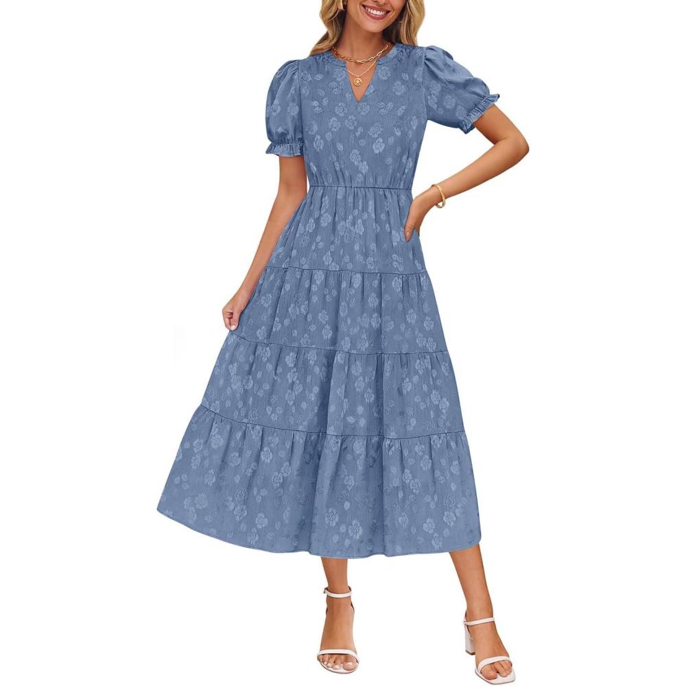 imageZESICA Womens 2026 Summer Puff Short Sleeve Midi Dress Floral V Neck Textured Ruffle Flowy Beach Party DressesBlue