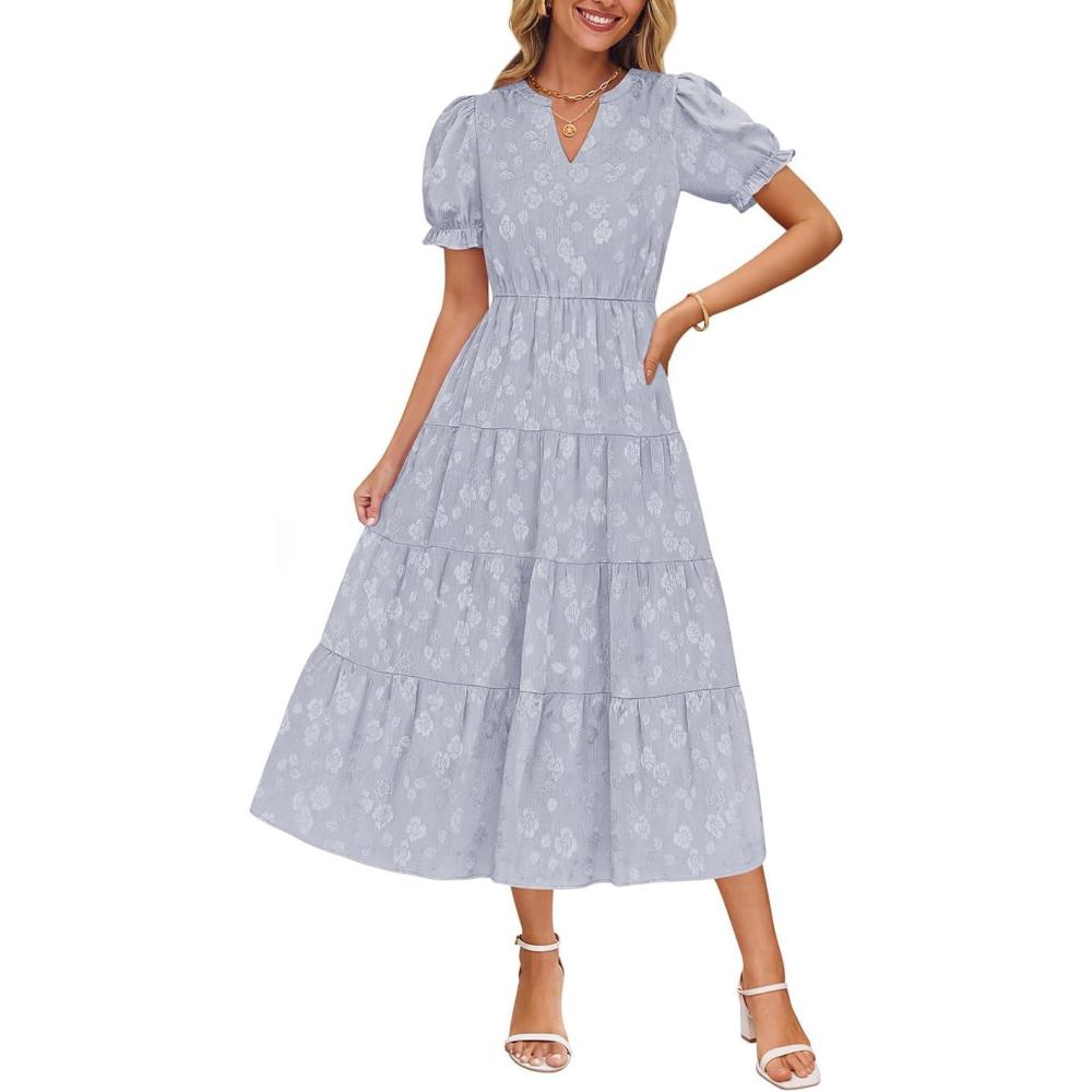 imageZESICA Womens 2026 Summer Puff Short Sleeve Midi Dress Floral V Neck Textured Ruffle Flowy Beach Party DressesDustytaro