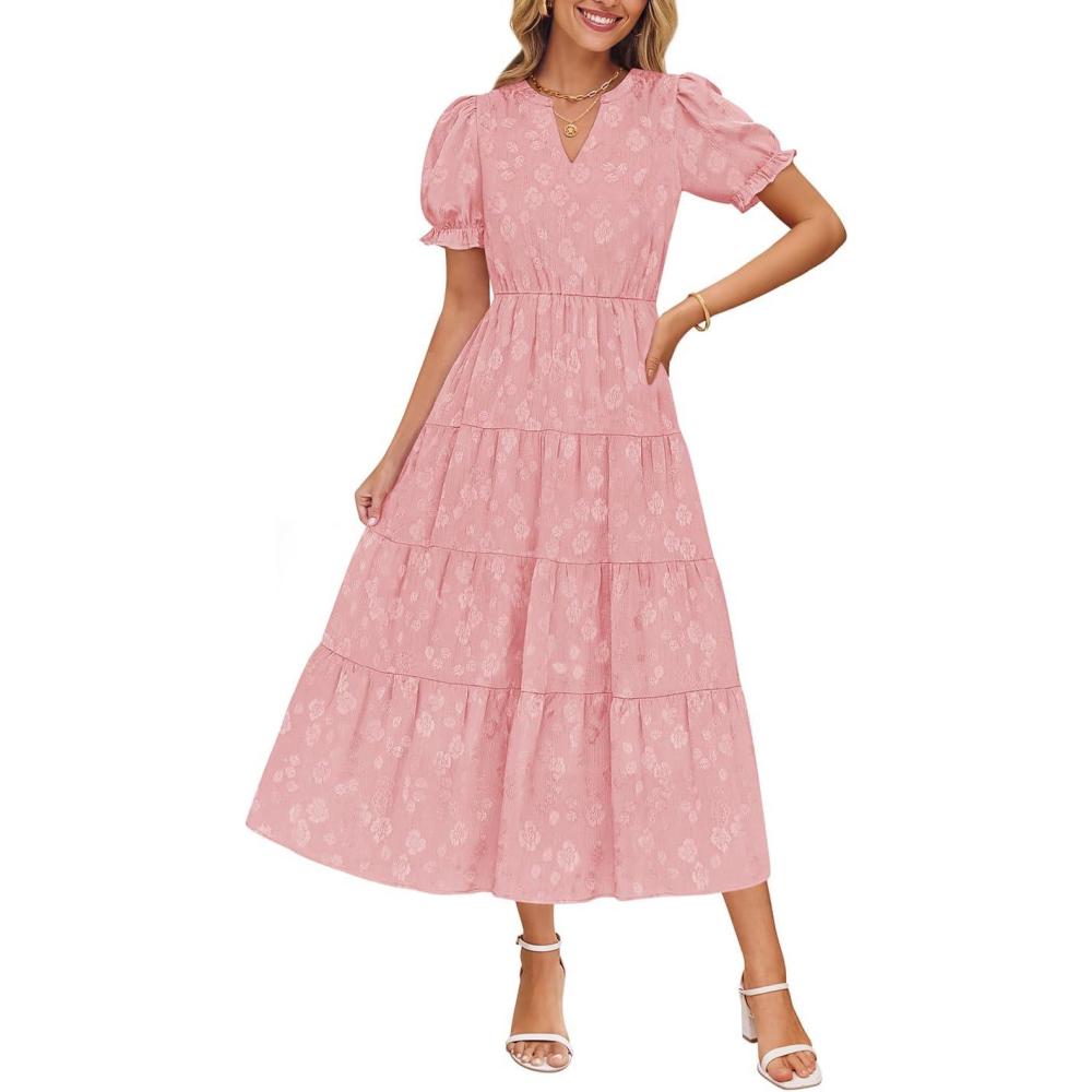imageZESICA Womens 2026 Summer Puff Short Sleeve Midi Dress Floral V Neck Textured Ruffle Flowy Beach Party DressesPink