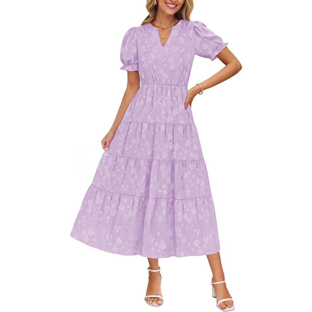imageZESICA Womens 2026 Summer Puff Short Sleeve Midi Dress Floral V Neck Textured Ruffle Flowy Beach Party DressesPurple