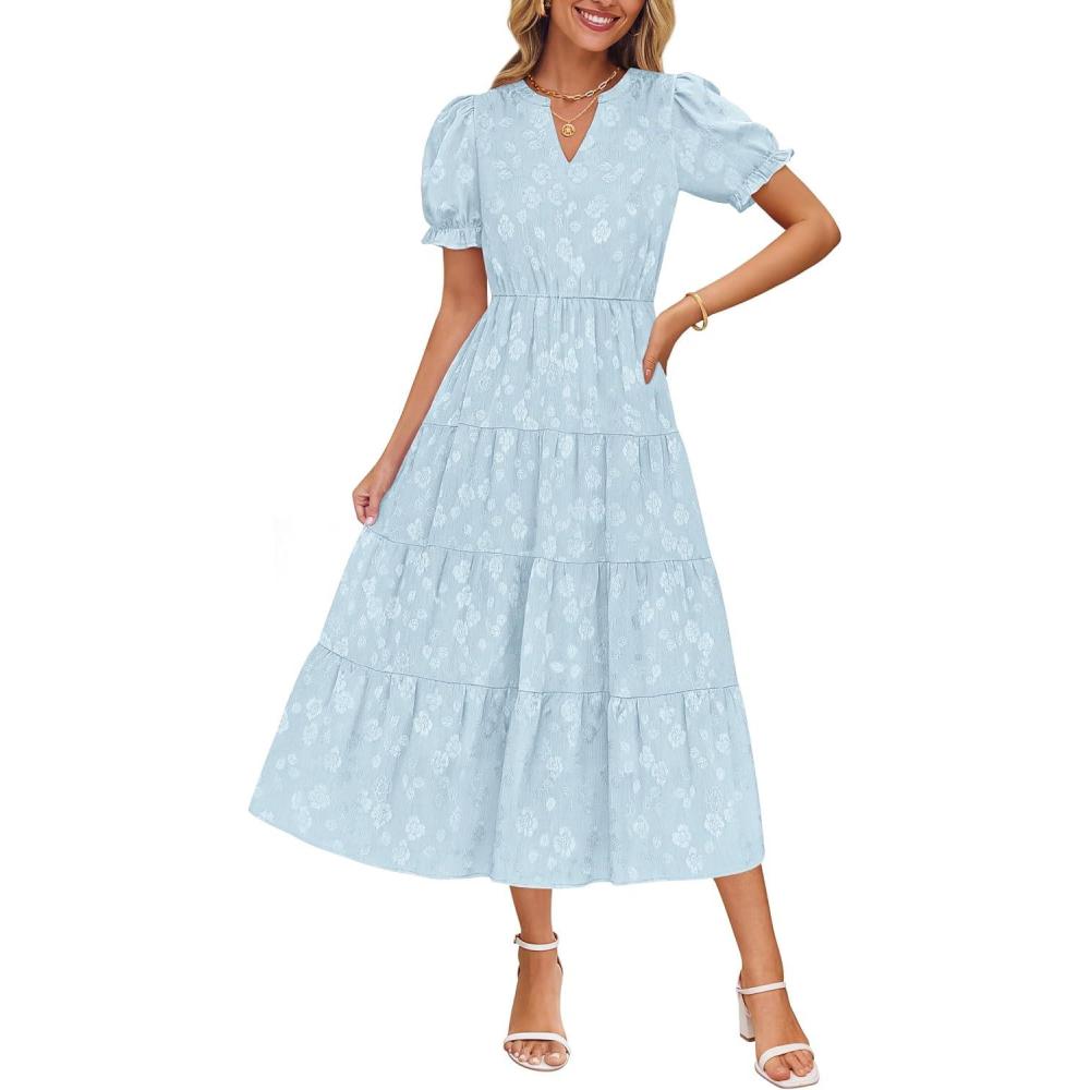 imageZESICA Womens 2026 Summer Puff Short Sleeve Midi Dress Floral V Neck Textured Ruffle Flowy Beach Party DressesSky