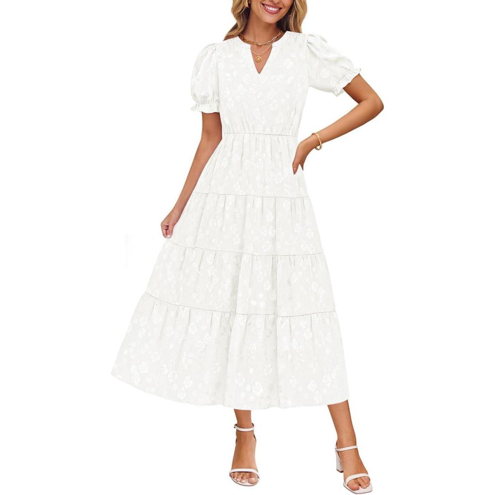 imageZESICA Womens 2026 Summer Puff Short Sleeve Midi Dress Floral V Neck Textured Ruffle Flowy Beach Party DressesWhite