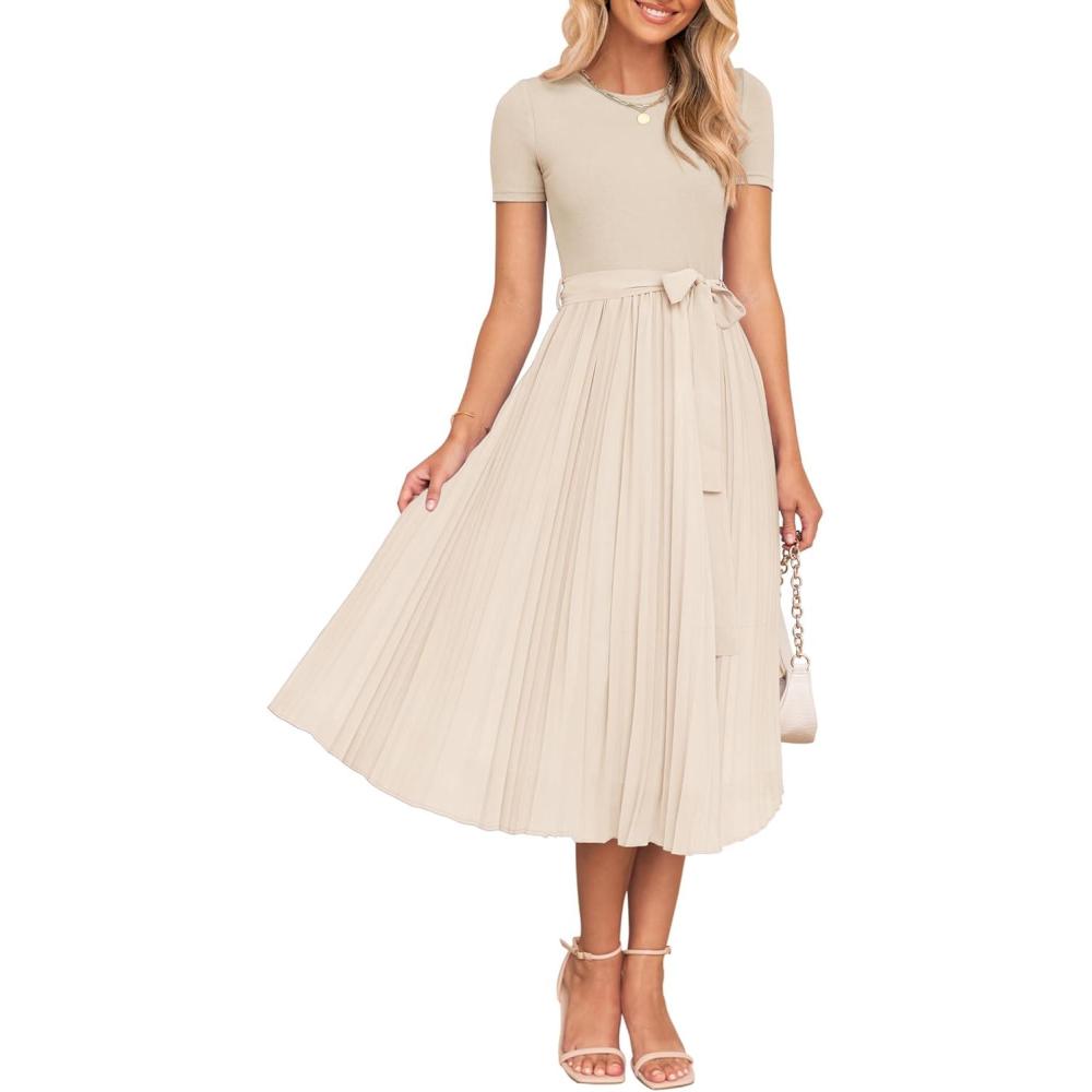 imageZESICA Womens 2026 Summer Short Sleeve Midi Dresses Casual Crew Neck Knit Belted Pleated A Line Flowy Wedding Guest DressApricot