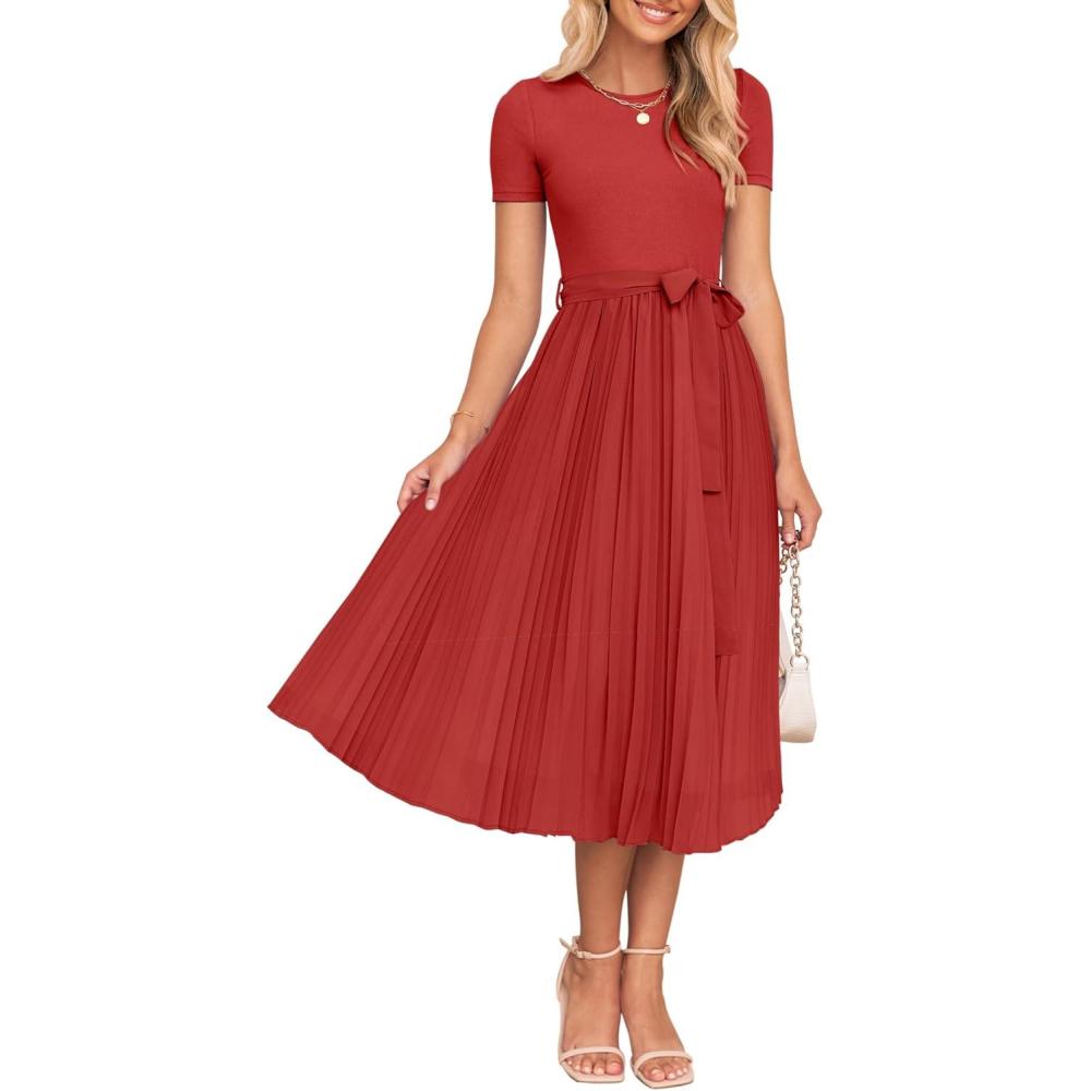 imageZESICA Womens 2026 Summer Short Sleeve Midi Dresses Casual Crew Neck Knit Belted Pleated A Line Flowy Wedding Guest DressCherry