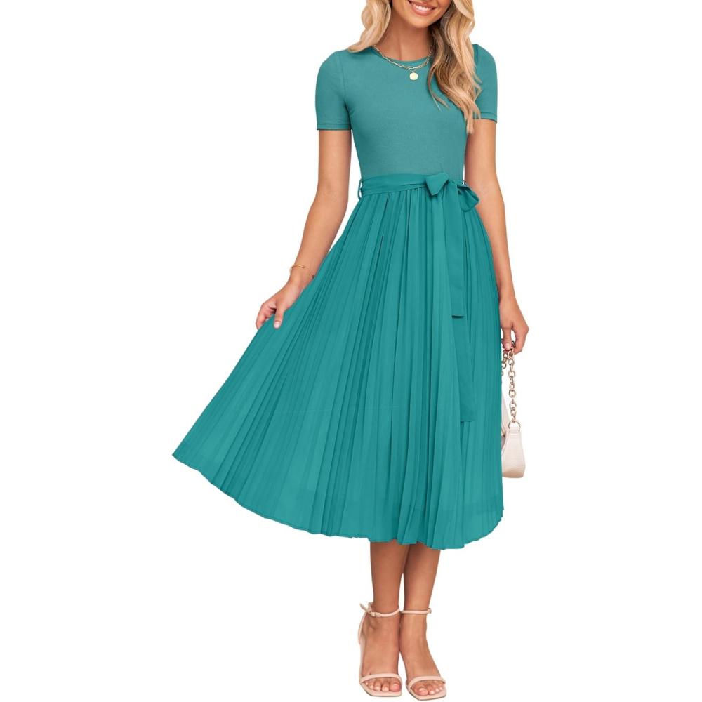 imageZESICA Womens 2026 Summer Short Sleeve Midi Dresses Casual Crew Neck Knit Belted Pleated A Line Flowy Wedding Guest DressTurquoise
